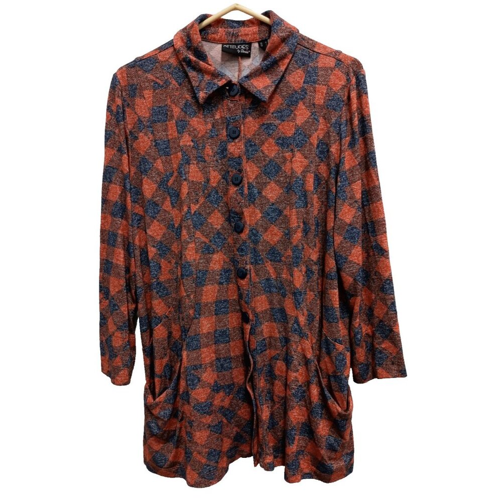 Attitudes‎ By Renee Tunic Top Womens Medium Orange Blue Plaid Soft Wearable Art